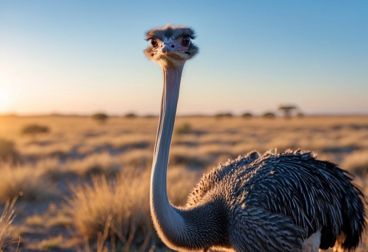 Um avestruz majestoso em uma savana aberta iluminada pelo sol, com grama alta ao fundo e céu azul claro.