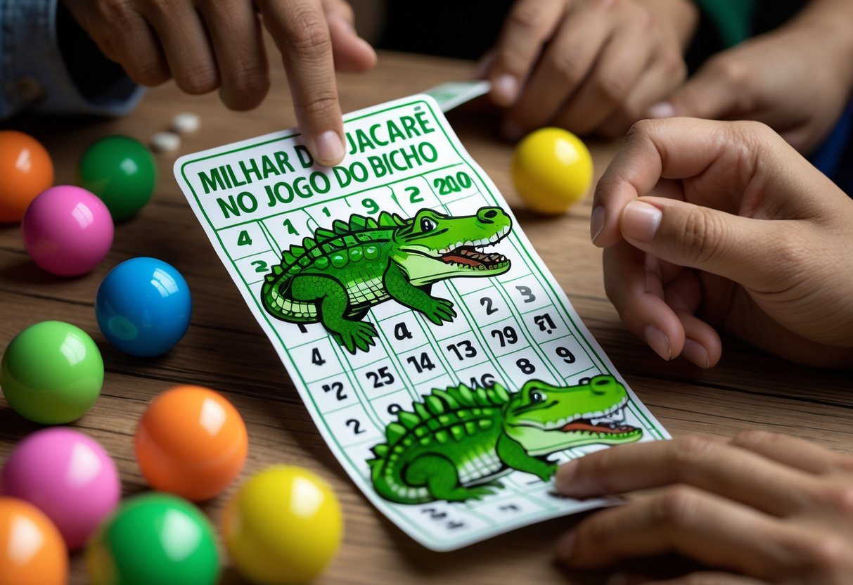 Mãos segurando um bilhete de aposta relacionado ao jacaré no jogo do bicho, com bolas coloridas e uma mesa ao fundo.