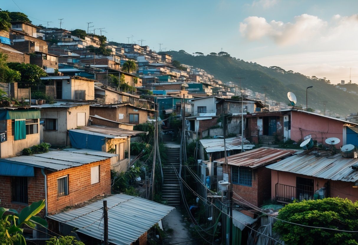 Vista aérea de uma favela densamente construída em Guarulhos, com casas próximas umas das outras em uma área inclinada.