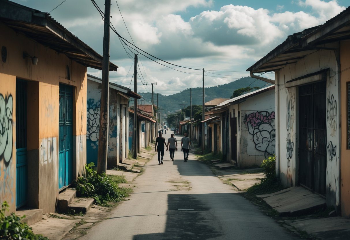 Rua estreita em um bairro de Salvador com casas simples, grafite nas paredes e poucas pessoas caminhando.