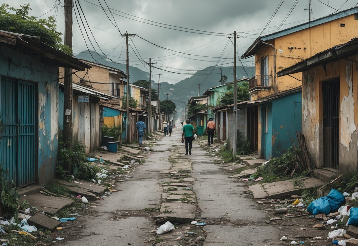 Rua estreita em bairro de Piracicaba com casas simples e desgastadas, lixo espalhado e poucas plantas, com pessoas caminhando na área.