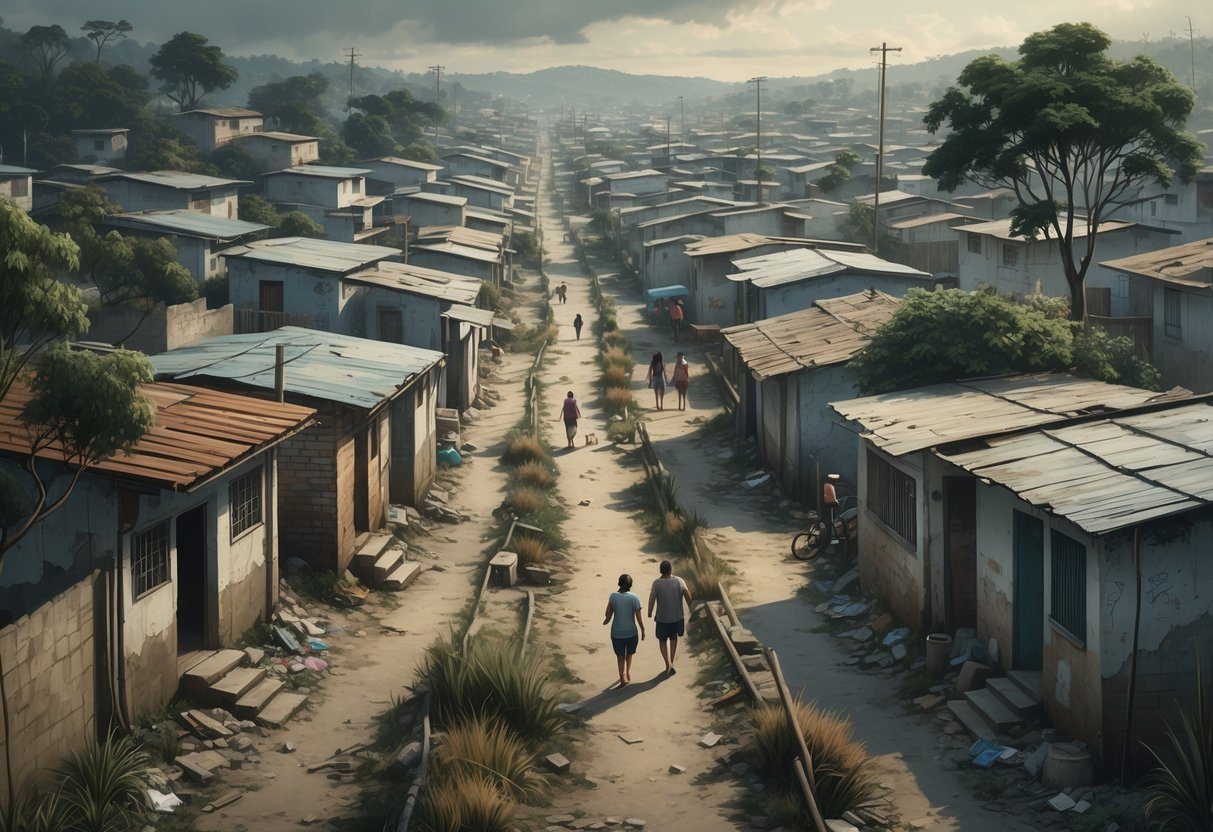 Vista de um bairro modesto e densamente povoado em João Pessoa, com casas simples, ruas estreitas e pessoas realizando atividades diárias.