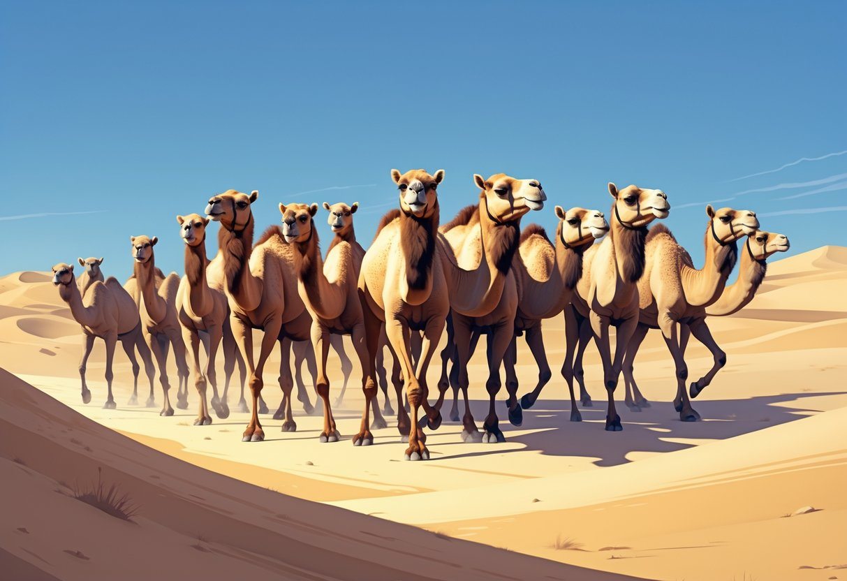 Um grupo grande de camelos caminhando pelo deserto com dunas ao fundo sob um céu azul claro.