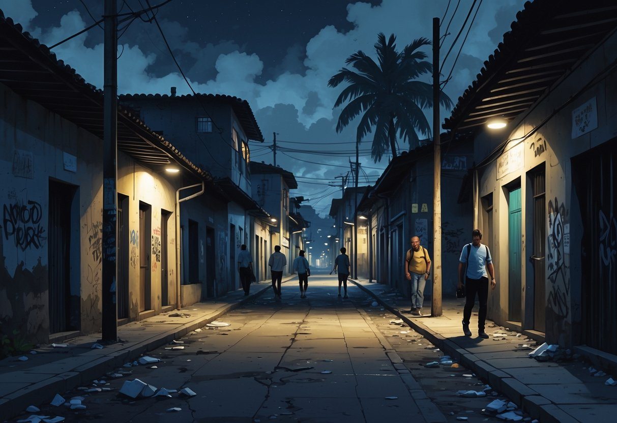 Rua escura e estreita em um bairro perigoso de Porto Alegre, com prédios antigos, pouca iluminação e poucas pessoas andando com cuidado.