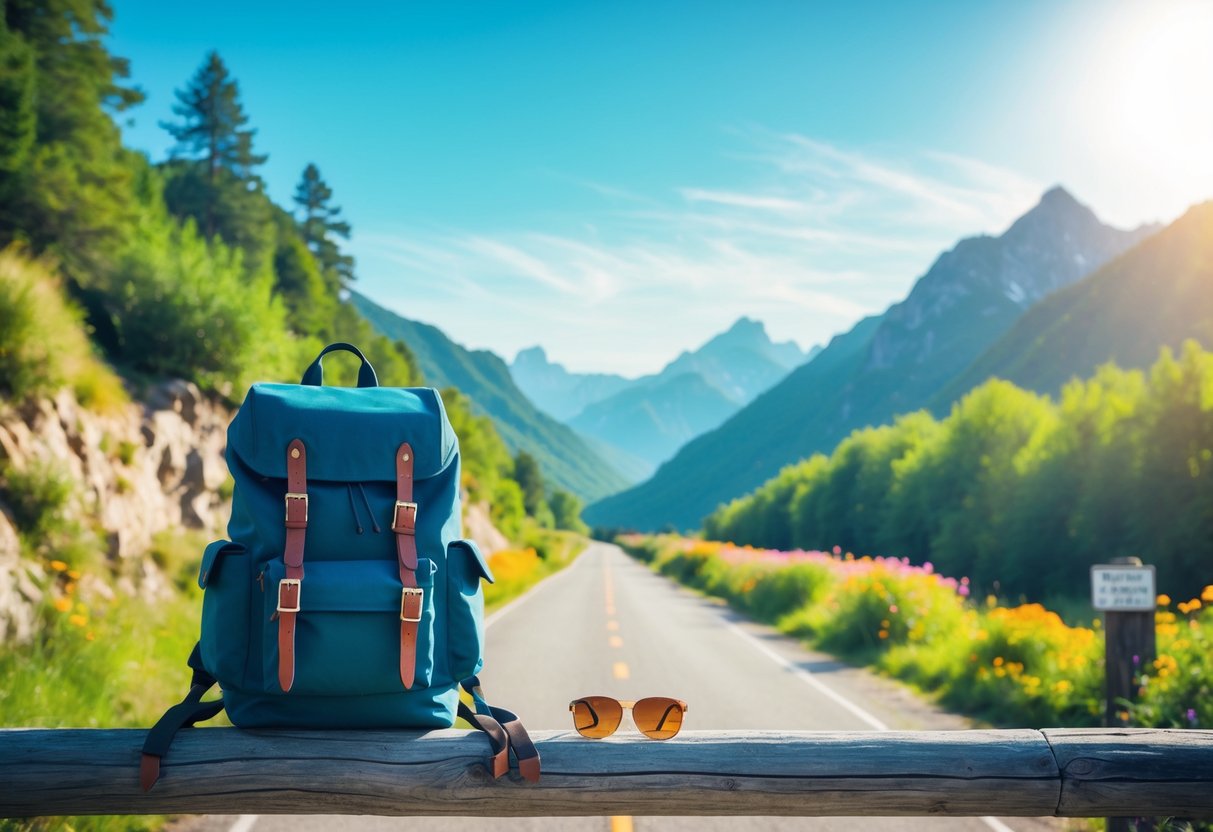 Caminho sinuoso levando a montanhas com céu azul, árvores verdes e flores, com uma mochila e óculos de sol apoiados em uma cerca de madeira.