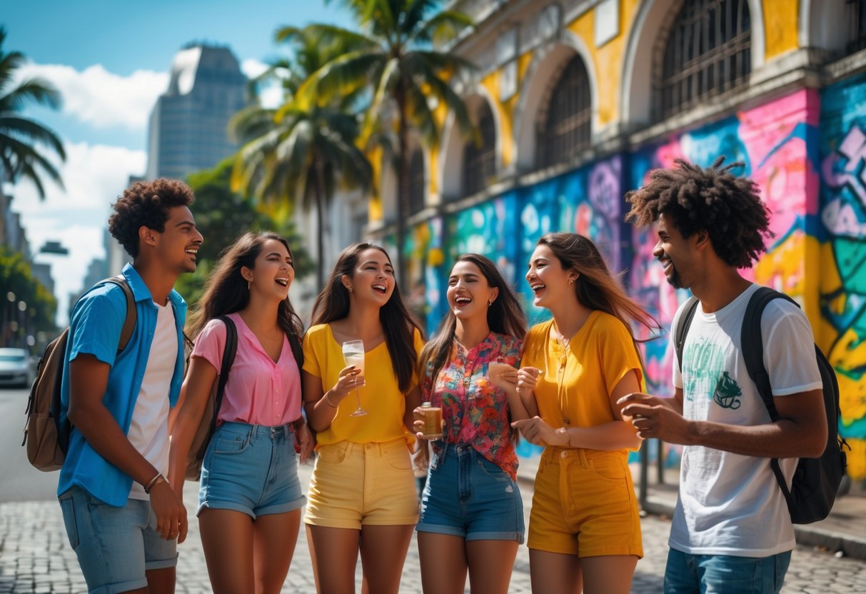 Grupo de jovens cariocas sorrindo e conversando em uma rua movimentada do Rio de Janeiro, com árvores e arquitetura típica ao fundo.
