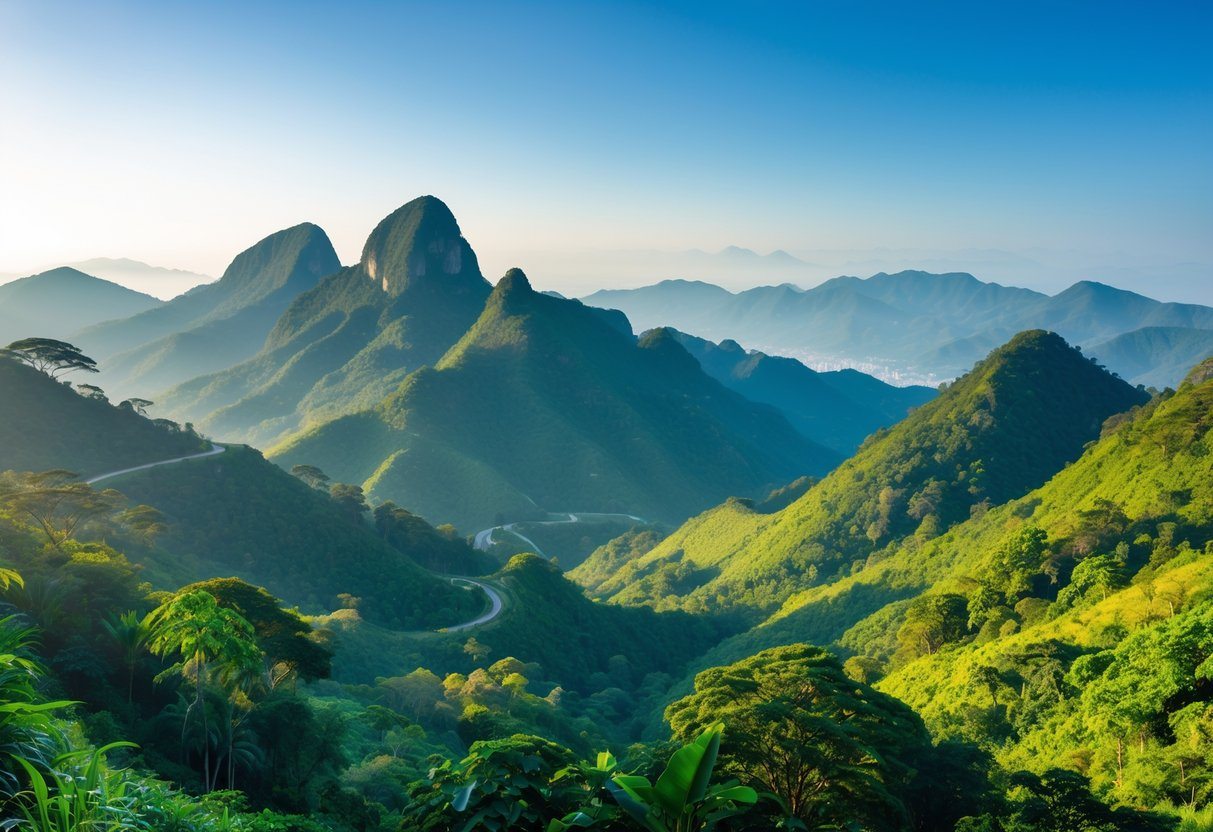 Paisagem de montanhas verdes e florestas na serra do Rio de Janeiro sob céu azul claro.