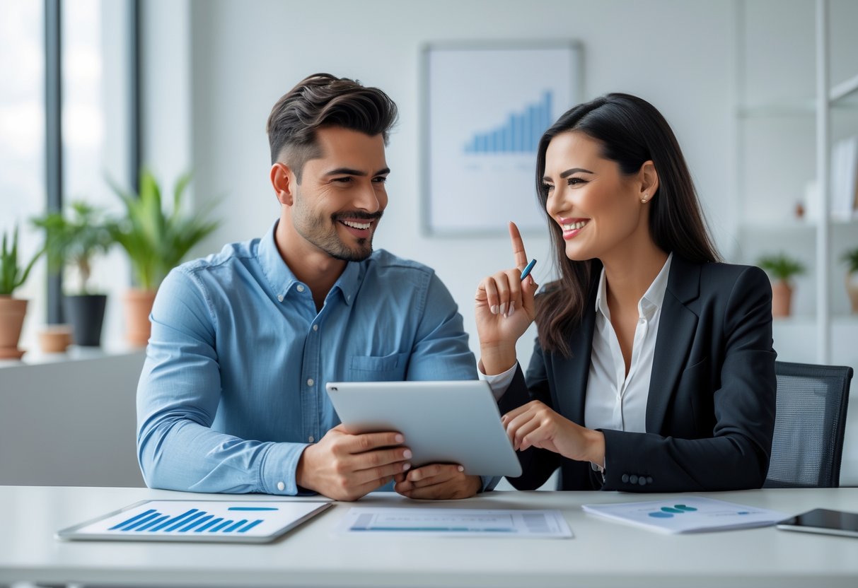 Um homem e uma mulher conversando em um escritório moderno sobre empréstimo pessoal, com um tablet mostrando gráficos financeiros.