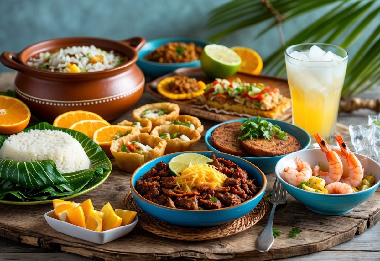 Mesa com pratos tradicionais da comida do Rio de Janeiro, incluindo feijoada, pastel, acarajé e uma caipirinha, em um ambiente com iluminação natural.