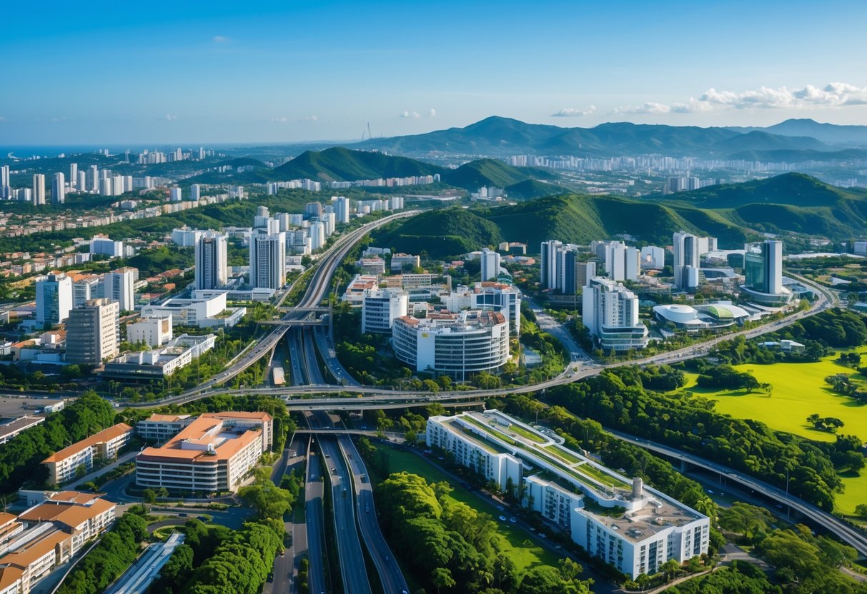 Vista aérea de várias cidades próximas a Belo Horizonte com prédios, áreas verdes e estradas sob céu azul.