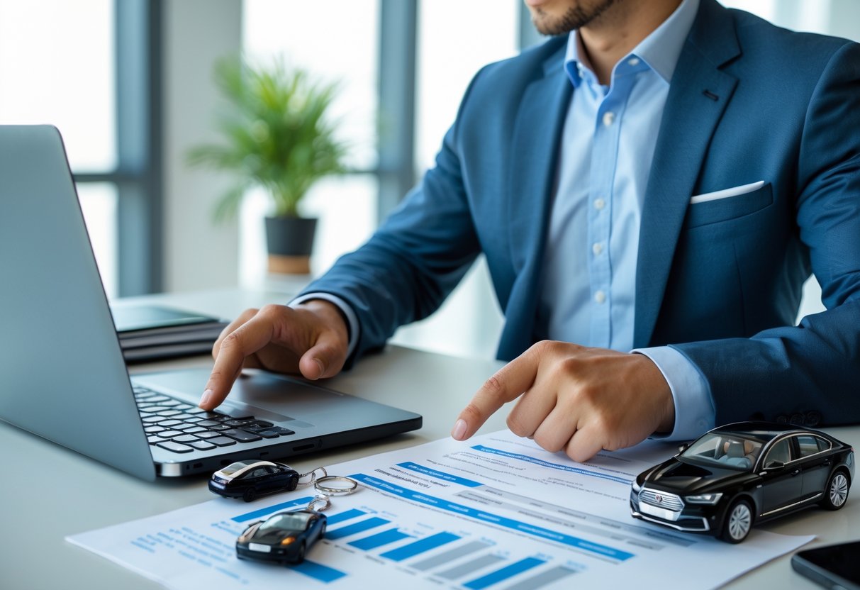 Pessoa sentada em uma mesa revisando documentos financeiros relacionados ao financiamento de um veículo, com um laptop, chaves de carro e modelo de carro na mesa, em um escritório claro e moderno.