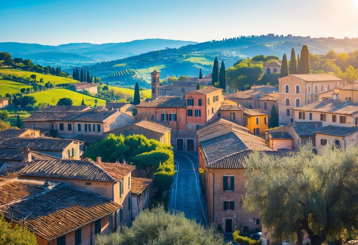 Vista panorâmica de cidades históricas próximas a Roma com telhados de terracota, ruas de pedra e colinas verdes ao fundo.