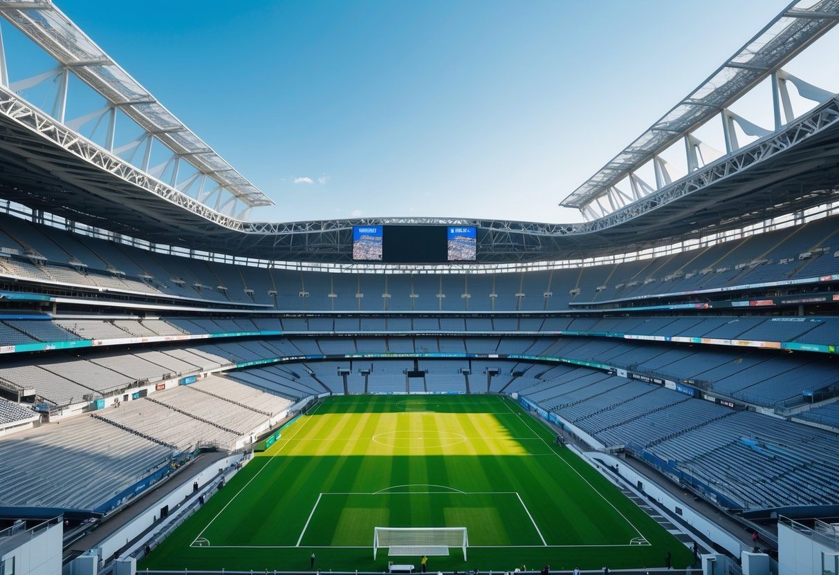 Vista aérea de um enorme estádio de futebol vazio com gramado verde e arquibancadas amplas sob céu claro.