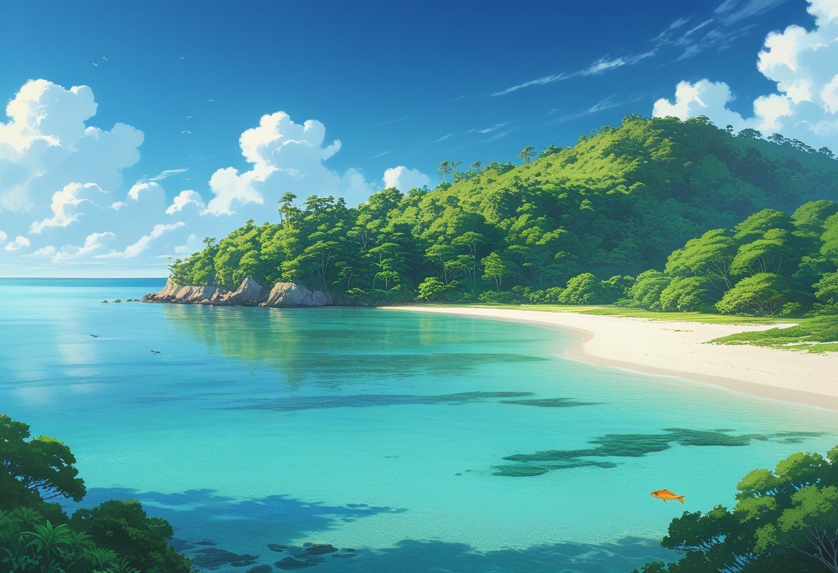 Ilha coberta por árvores de cedro e vegetação tropical, cercada por águas calmas e transparentes, com praias de areia branca e céu azul ao fundo.