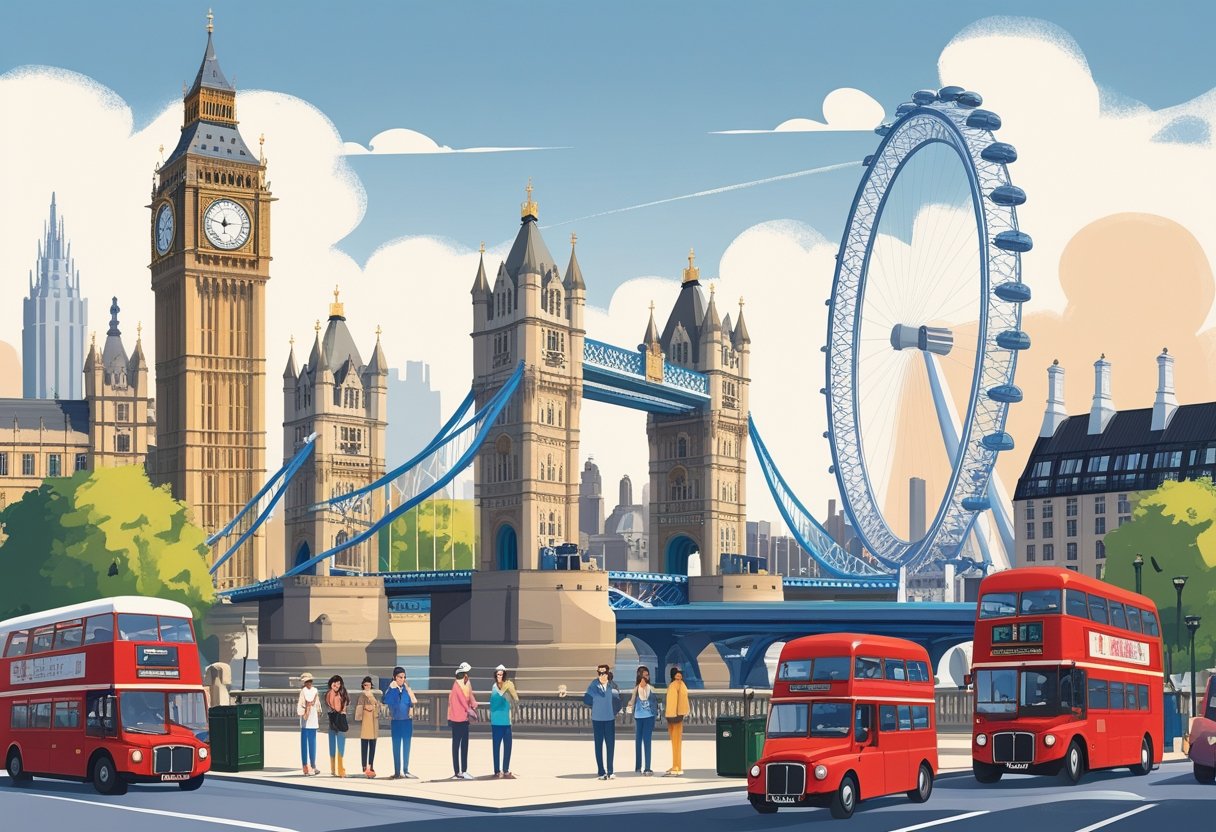 Ilustração mostrando pontos turísticos famosos de Londres com pessoas visitando e aproveitando a cidade durante cinco dias.