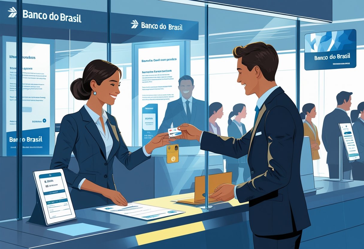 Pessoa retirando dinheiro da conta salário no Banco do Brasil em um caixa de banco com atendente.