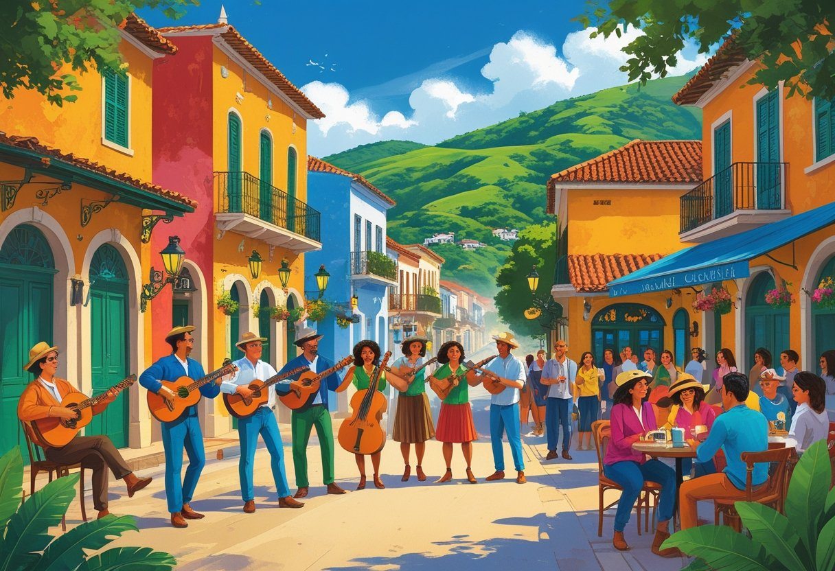 Rua movimentada em Conservatória com músicos tocando instrumentos tradicionais, pessoas aproveitando a música e cafés ao ar livre, rodeada por casas coloridas e colinas verdes ao fundo.