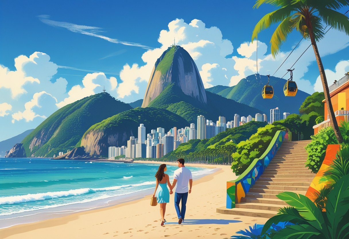 Um casal apreciando juntos pontos turísticos famosos do Rio de Janeiro, incluindo a praia de Copacabana, o Cristo Redentor, os Arcos da Lapa e o Pão de Açúcar.