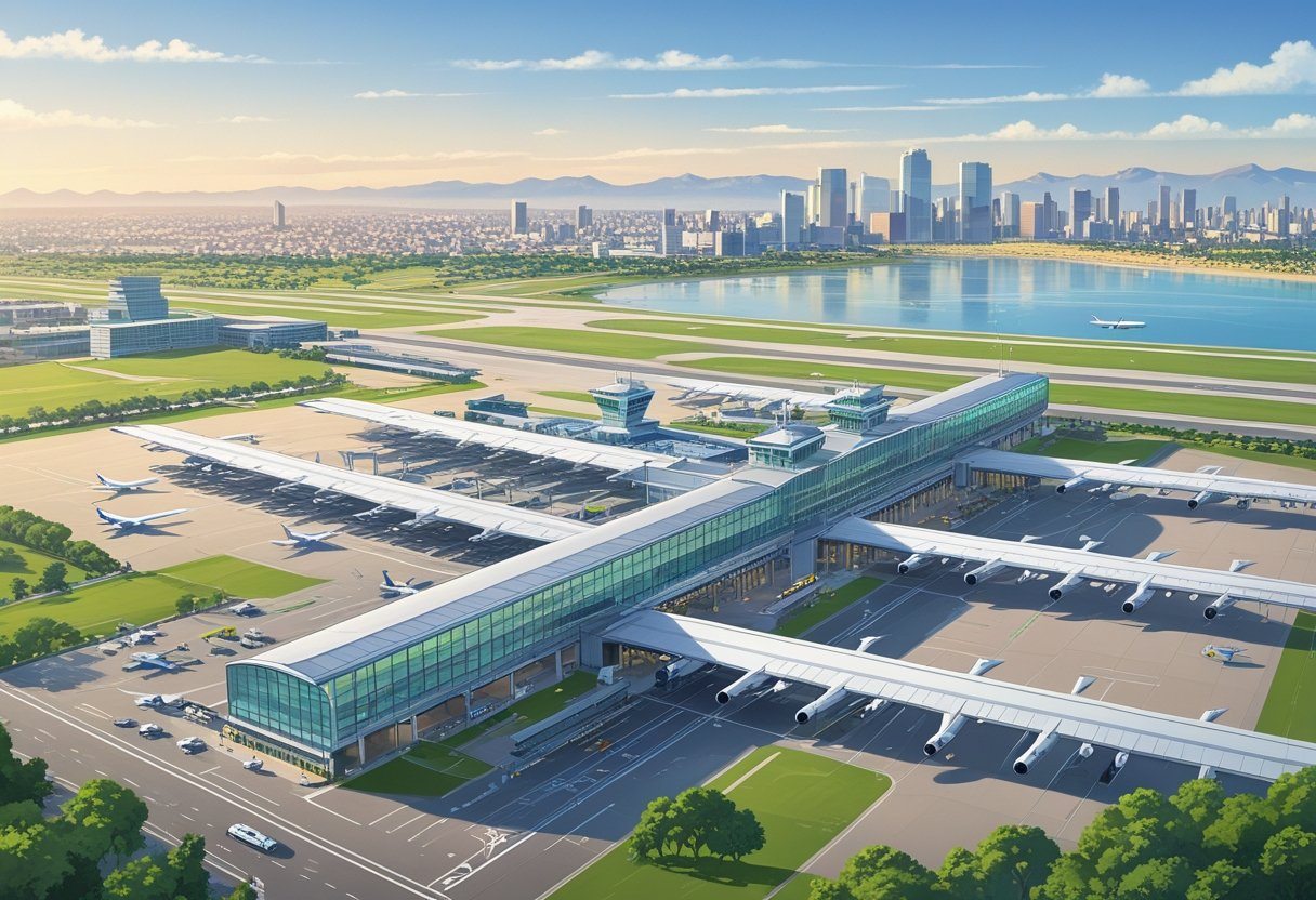Ilustração mostrando os aeroportos principais de Buenos Aires com terminais, aviões, torres de controle e a cidade ao fundo.