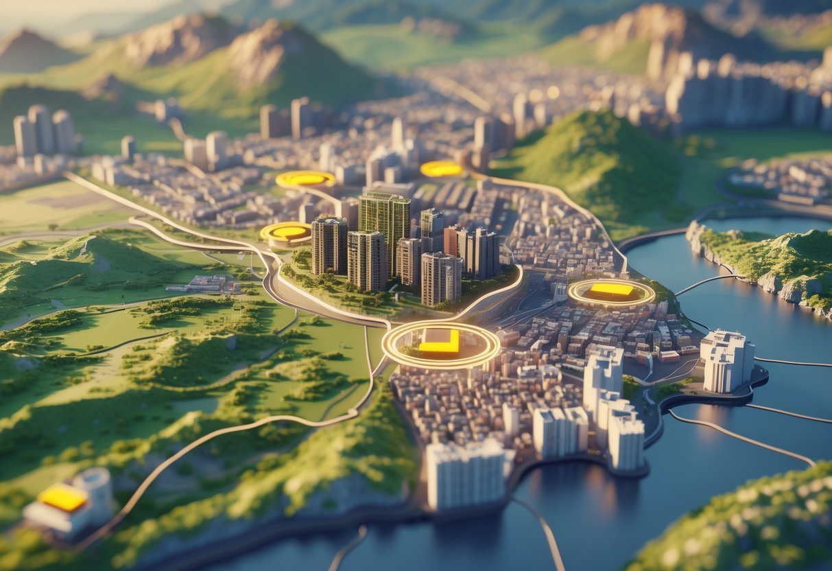 Mapa 3D mostrando Madrid no centro e cidades próximas ao redor, com relevo de montanhas, rios e áreas urbanas conectadas por estradas.