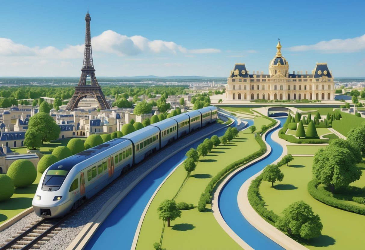Mapa 3D mostrando o trajeto de Paris ao Palácio de Versalhes com um trem ao longo do caminho e paisagens urbanas e rurais ao redor.