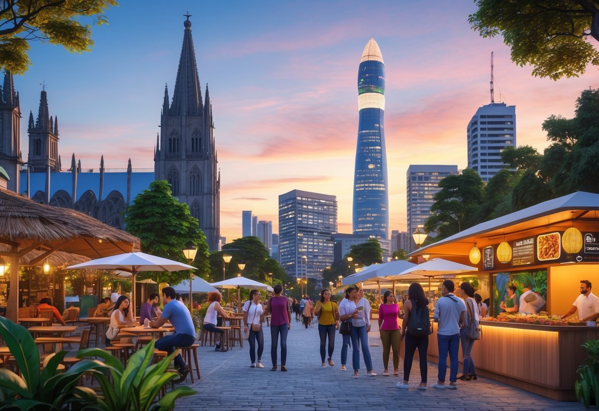 Vista de vários pontos turísticos e atividades em São Paulo, incluindo a Catedral da Sé, arte de rua, áreas verdes e pessoas aproveitando a cidade.