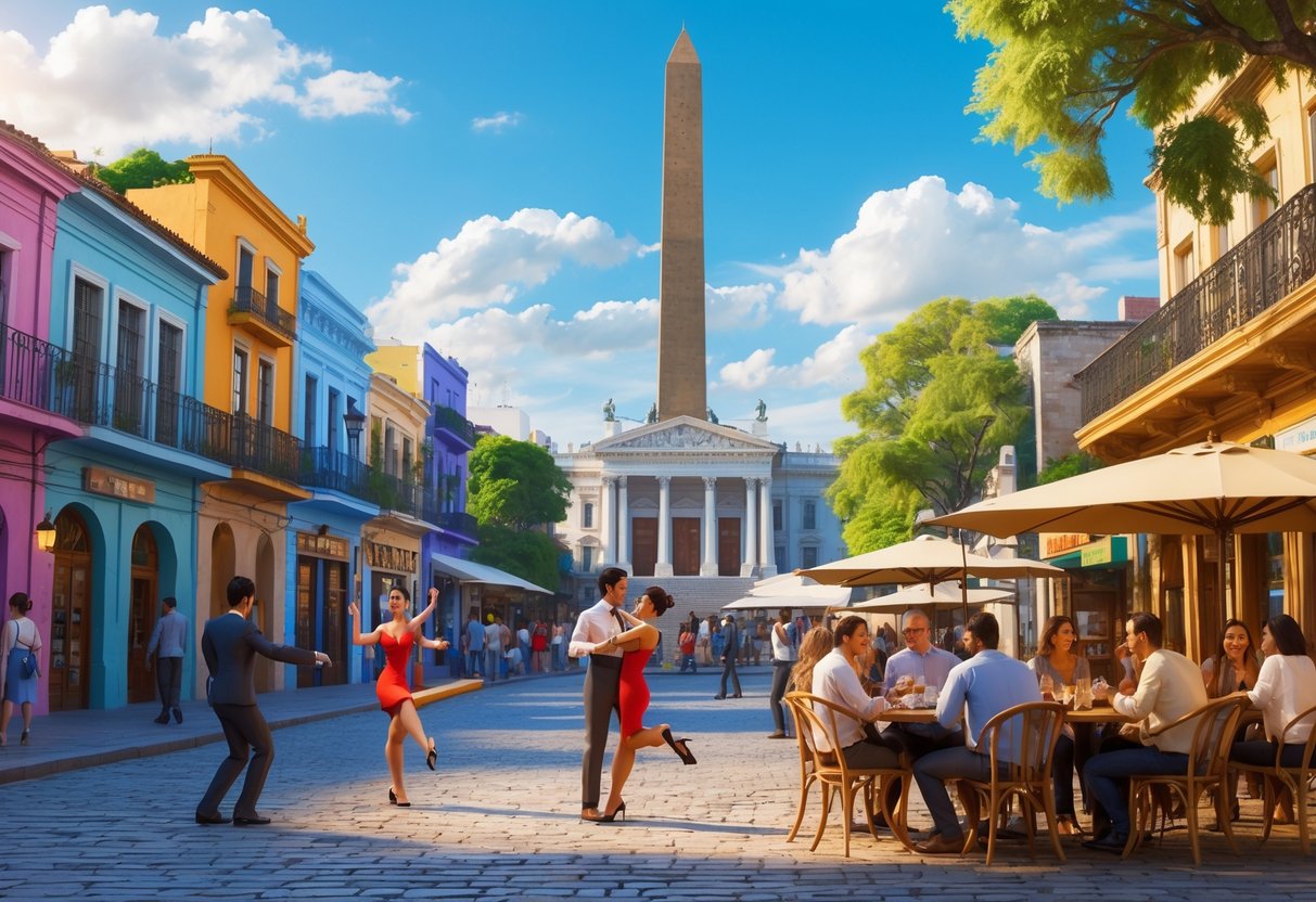 Cena de Buenos Aires mostrando casas coloridas, dançarinos de tango, o Teatro Colón, um café movimentado e o Obelisco ao fundo.