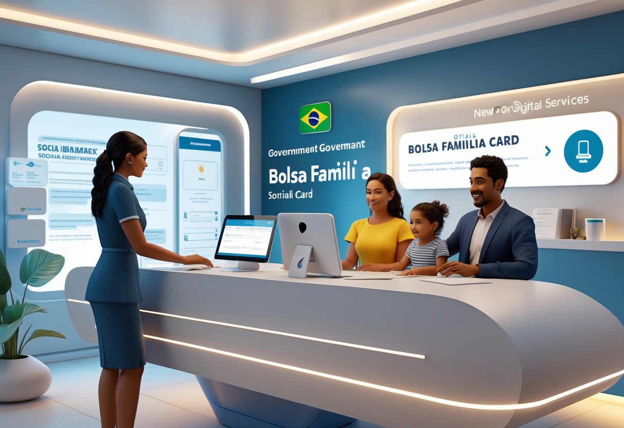 Uma família brasileira sendo atendida por um funcionário em um centro de atendimento governamental para solicitar um novo cartão do Bolsa Família.