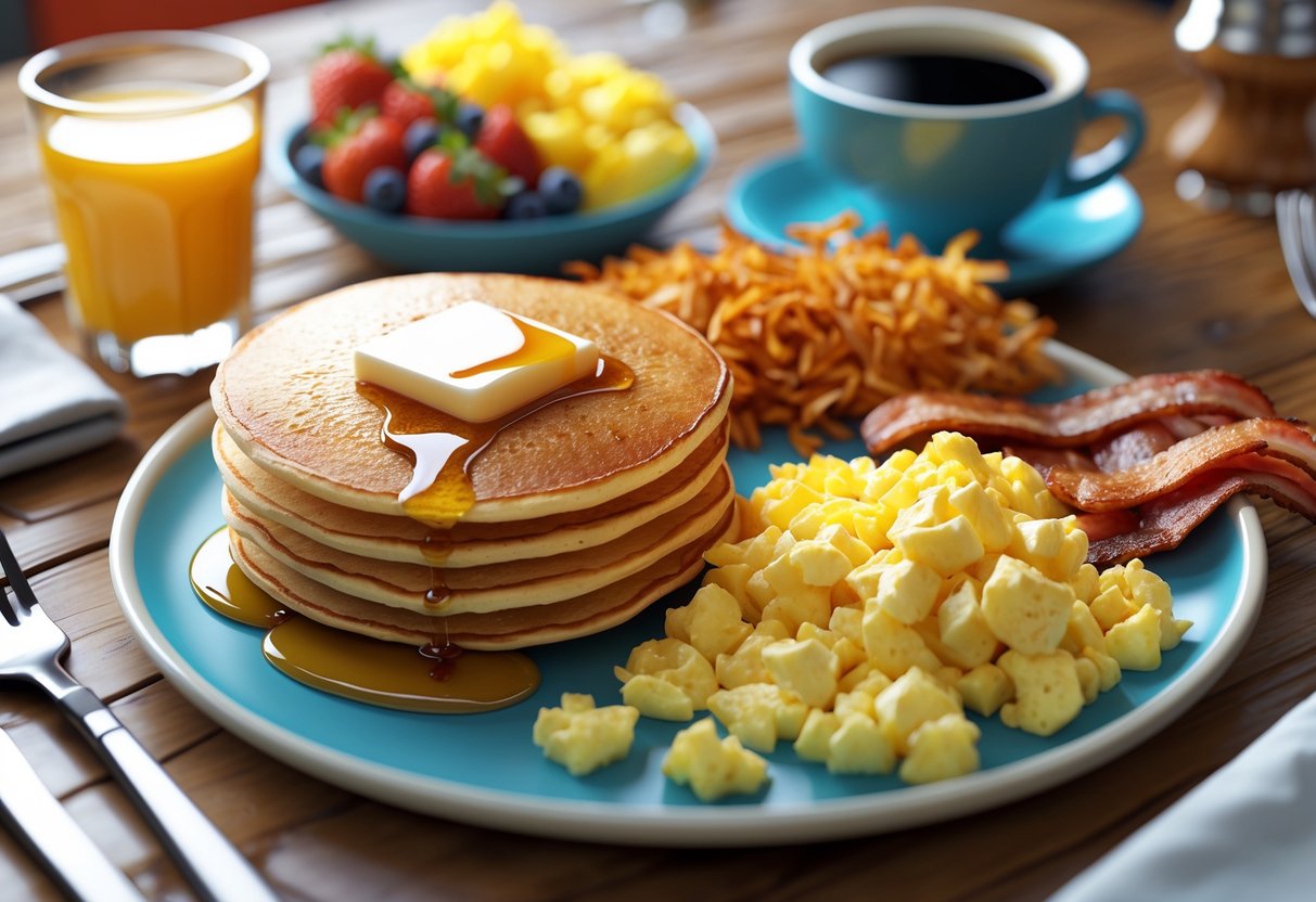 Mesa com café da manhã americano típico, incluindo panquecas com manteiga e xarope, ovos mexidos, bacon, batatas hash brown, suco de laranja e café.
