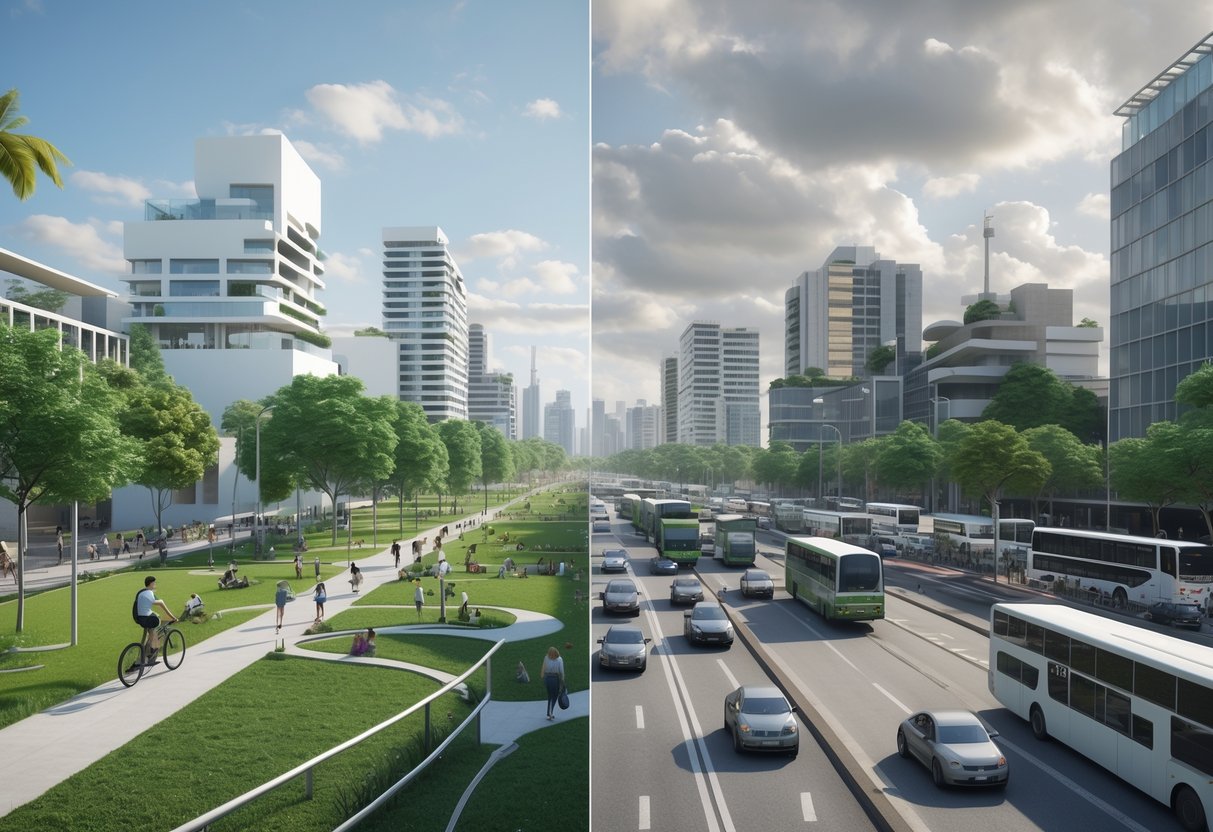 Cena dividida mostrando de um lado áreas verdes e pessoas aproveitando a cidade limpa e organizada, e do outro lado trânsito intenso e transporte público lotado em Curitiba.