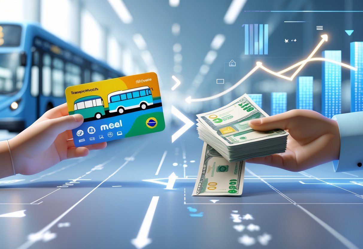 Mãos trocando um cartão de transporte por dinheiro em cédulas, com ônibus e metrô ao fundo.
