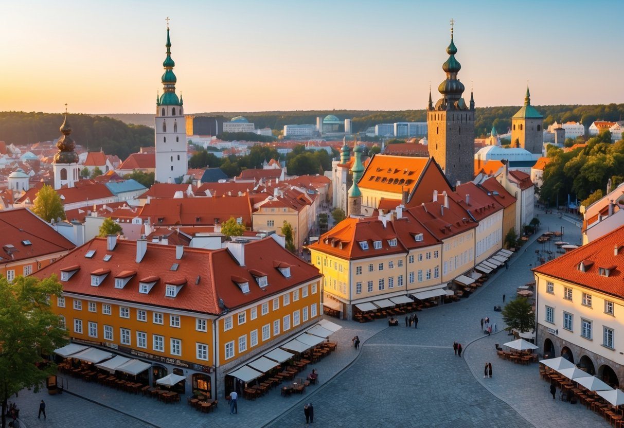 Vista panorâmica da cidade histórica de Tallinn com telhados vermelhos, torres medievais, ruas de paralelepípedos e pessoas em cafés ao ar livre durante o pôr do sol.