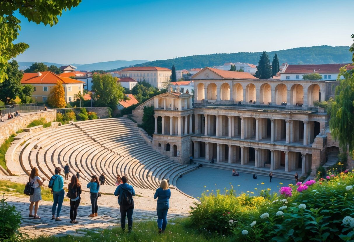 Teatro romano antigo em Plovdiv com turistas explorando e casas tradicionais ao fundo sob céu claro.