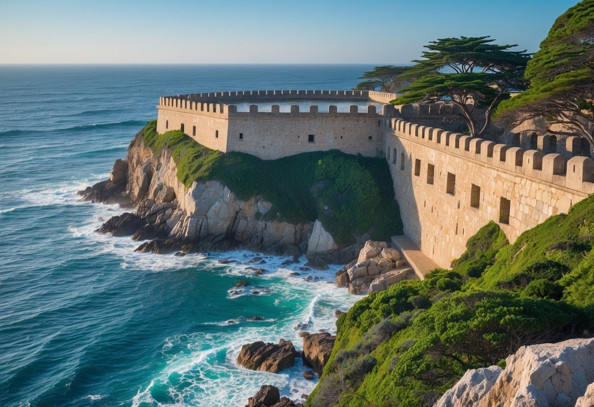 Vista do Forte Santa Teresa em um penhasco rochoso com vegetação verde e o mar ao fundo.