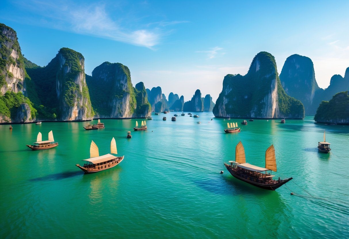 Vista panorâmica da Baía de Halong com águas verdes, formações rochosas altas cobertas de vegetação e barcos tradicionais flutuando na água.