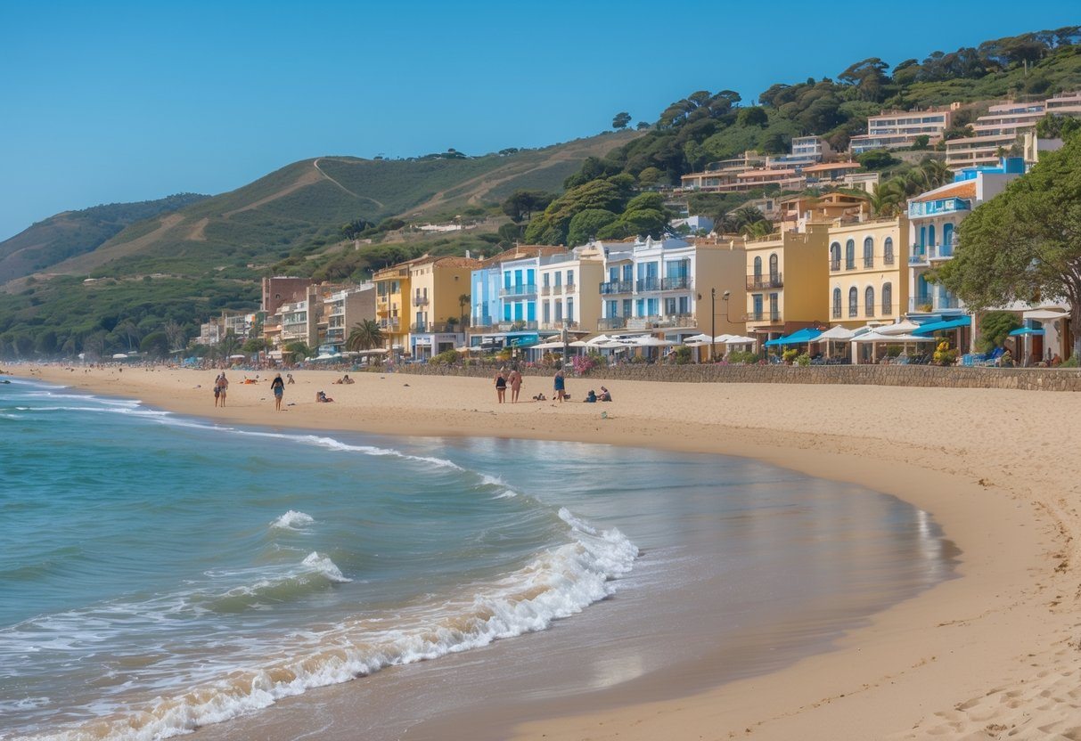 Praia de La Paloma, Uruguai, com areia, mar calmo, pessoas na praia e casas coloridas ao fundo.