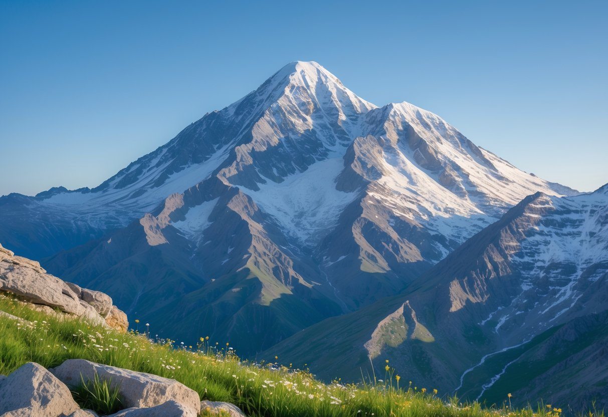 Vista das duas picos nevados do Monte Ararat com uma paisagem verde e flores silvestres em primeiro plano sob um céu azul claro.