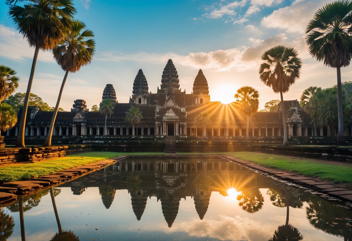 Vista do templo Angkor Wat em Siem Reap ao nascer do sol, com árvores tropicais ao redor e céu claro.