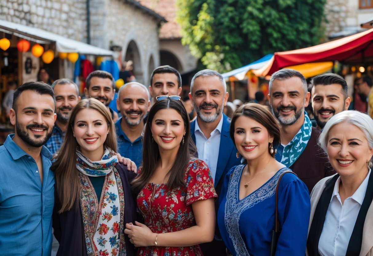 Grupo diverso de pessoas dos Balcãs reunidas ao ar livre em uma praça histórica, sorrindo e interagindo.