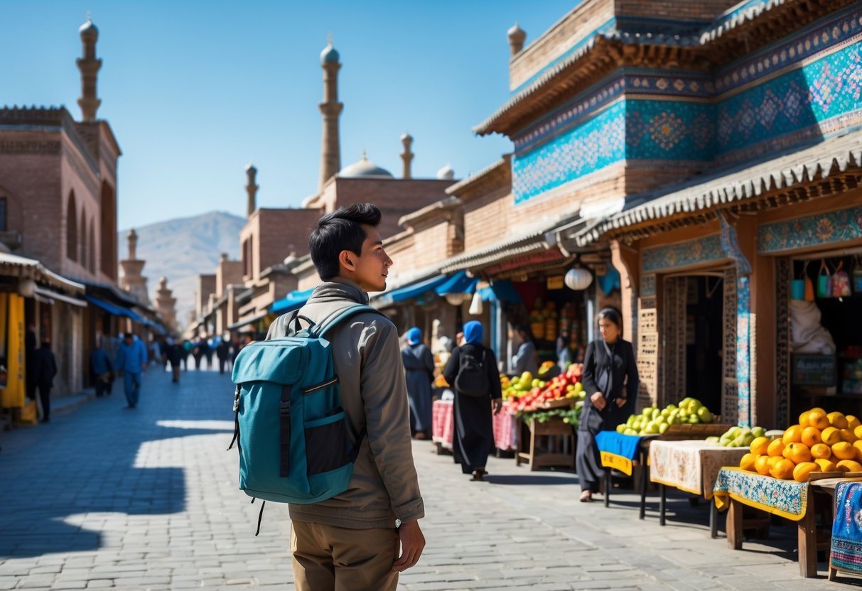 Viajante observando uma rua movimentada com arquitetura tradicional do Uzbequistão, pessoas e barracas de mercado ao redor.