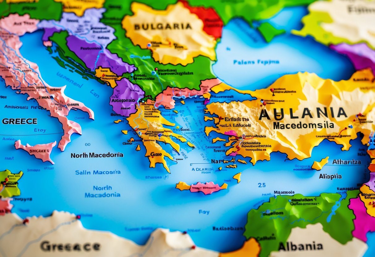 Mapa político detalhado da região dos Bálcãs mostrando os países atuais onde fica a Macedônia.
