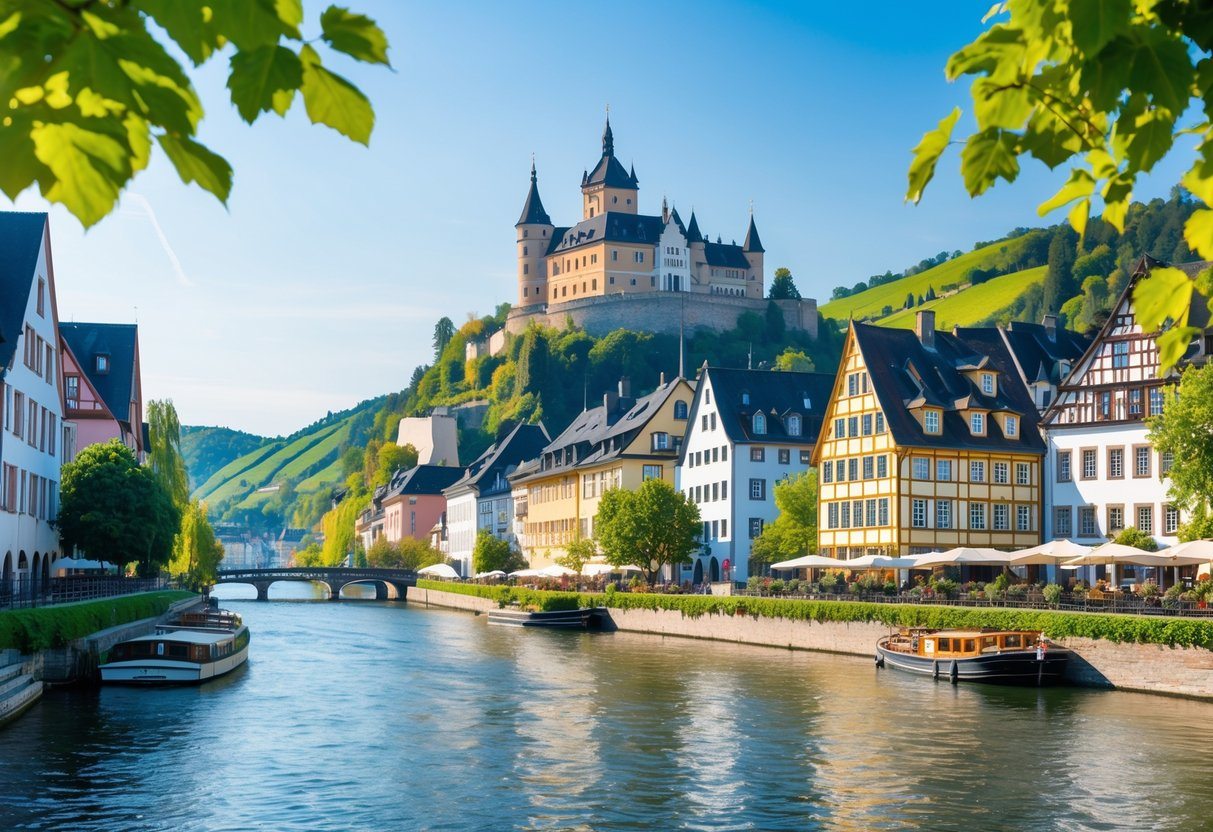 Vista do castelo Reichsburg em Cochem, Alemanha, com o rio Mosela e casas tradicionais ao redor em um dia ensolarado.