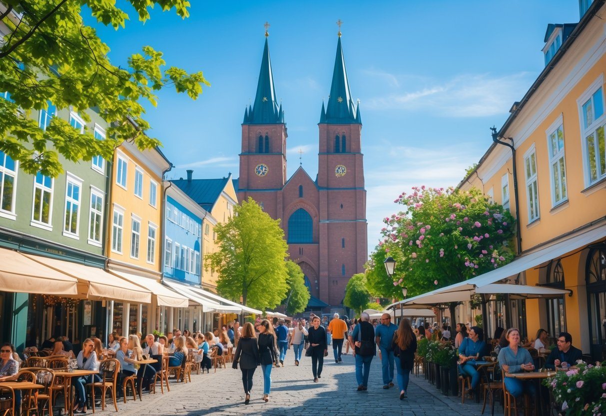 Vista da catedral de Uppsala com pessoas caminhando e cafés ao ar livre em uma rua histórica ensolarada.