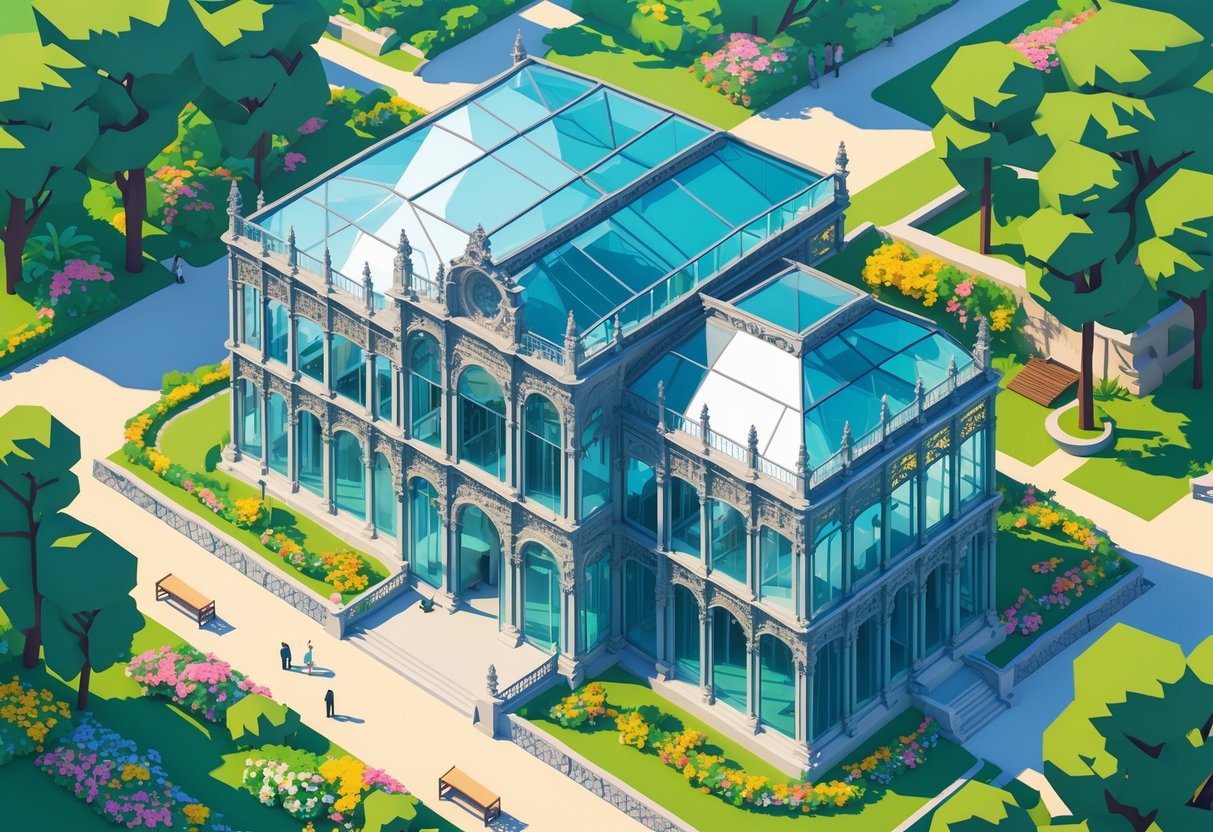 Ilustração do Palácio de Cristal em Porto cercado por jardins verdes com flores e árvores, com visitantes caminhando e céu claro ao fundo.