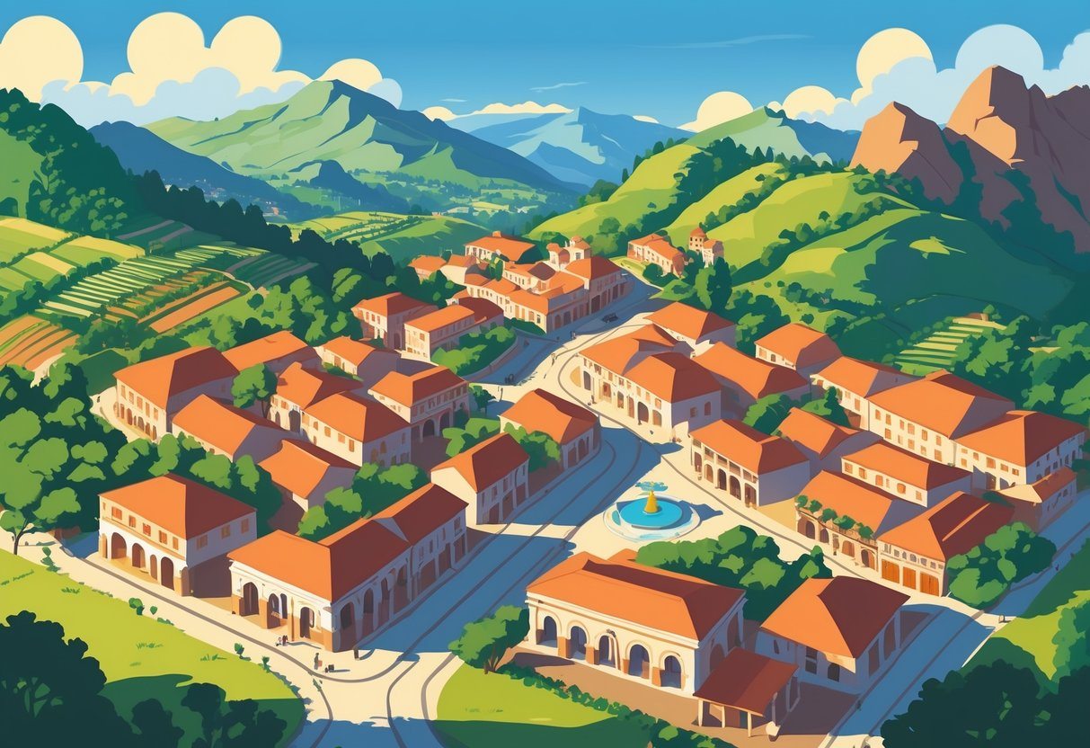 Vista de uma pequena cidade com casas de telhado vermelho, ruas de pedra, árvores e montanhas ao fundo.