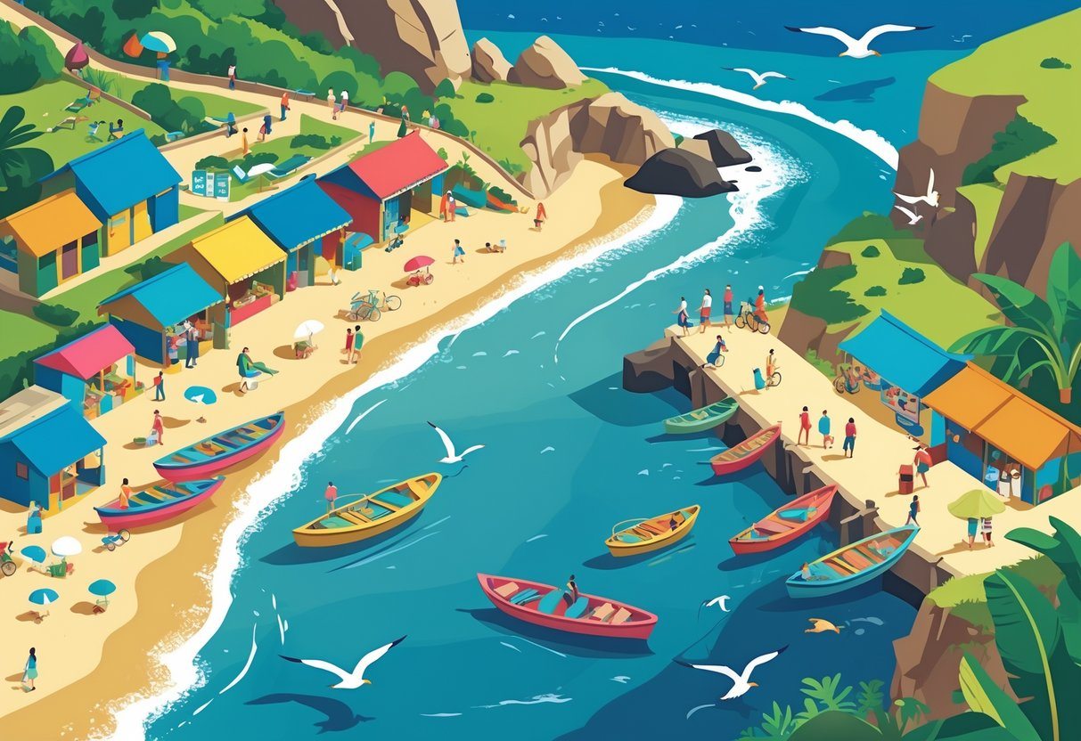 Ilustração mostrando praia com surfistas, barcos de pesca, casas rústicas, mercado ao ar livre e pessoas caminhando em uma vila costeira.