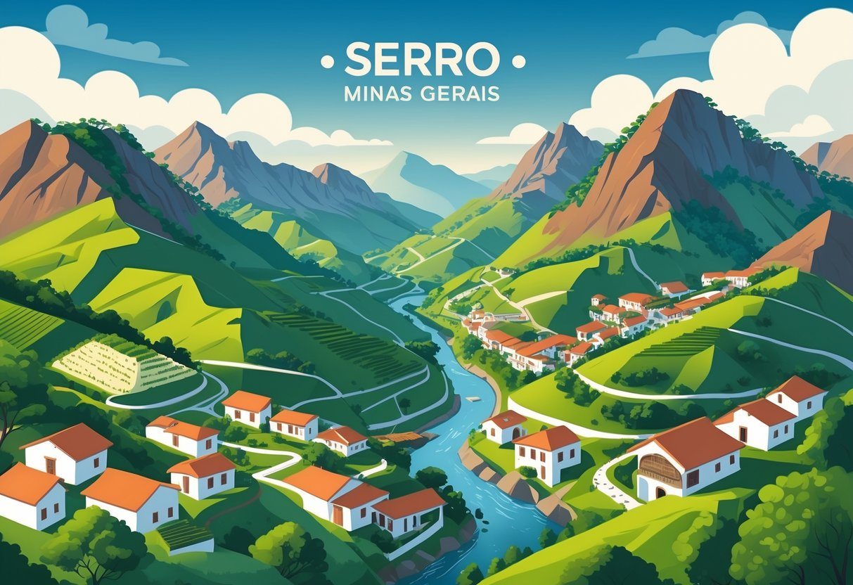 Vista da região montanhosa de Serro, Minas Gerais, com casas coloniais, vegetação densa, plantações de café e fazendas de queijo, sob um céu azul claro.