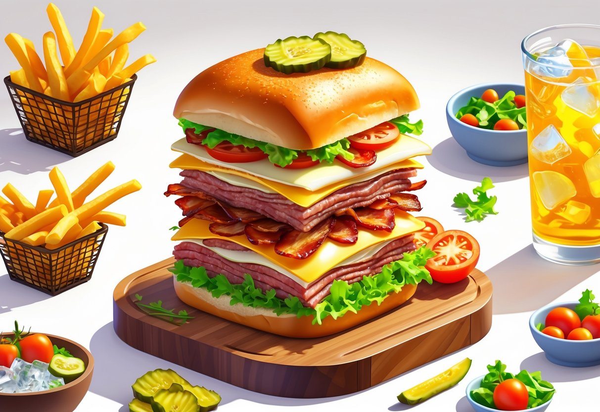 Um sanduíche chivito tradicional com carne, queijo, bacon, ovo frito, alface e tomate, servido com batatas fritas e salada ao lado.
