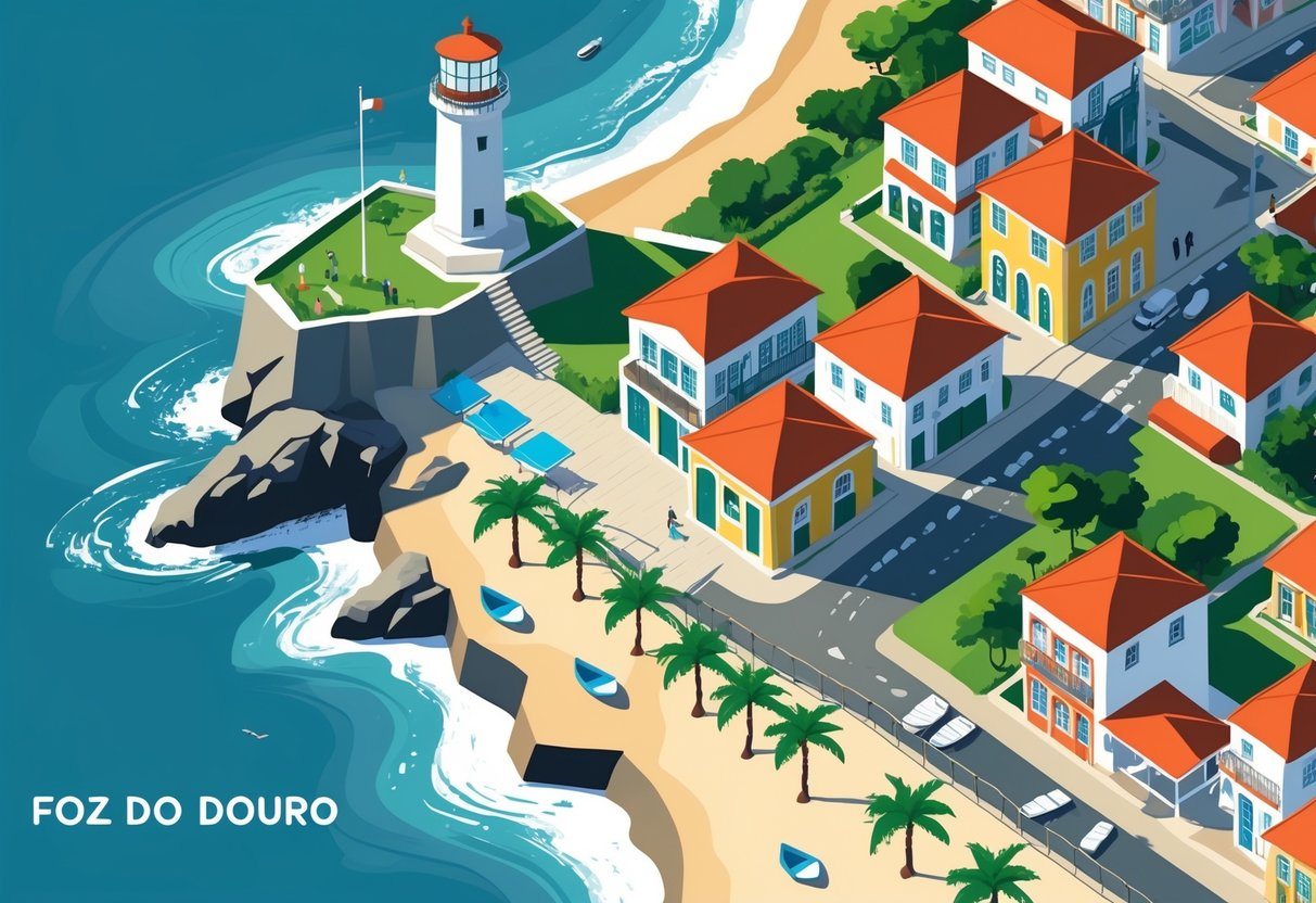 Vista da orla de Foz do Douro com farol, praia, barcos ancorados, casas coloridas e árvores ao longo da costa.