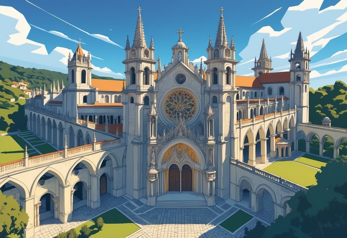 Vista do Mosteiro da Batalha com seus detalhes arquitetônicos, jardins e caminhos ao redor.